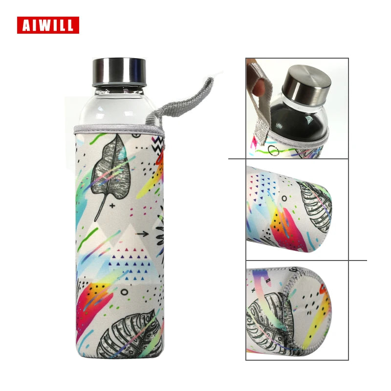 AIWILL Hot Selling Glass Sport Water Bottle With Protective Bag 280ml / 360ml / 550ml Fruit Outdoor Bike Bottles High Quality