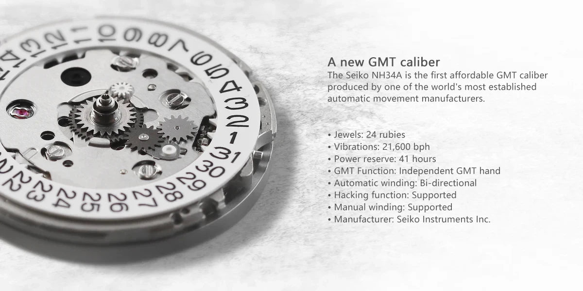 WISHDOIT New NH34 Men's Sports Automatic Mechanical GMT Sapphire Stainless Steel Waterproof 15 ATM With Rubber Strap