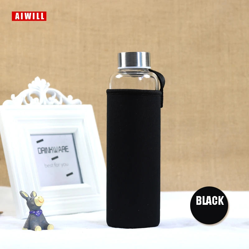 AIWILL Hot Selling Glass Sport Water Bottle With Protective Bag 280ml / 360ml / 550ml Fruit Outdoor Bike Bottles High Quality