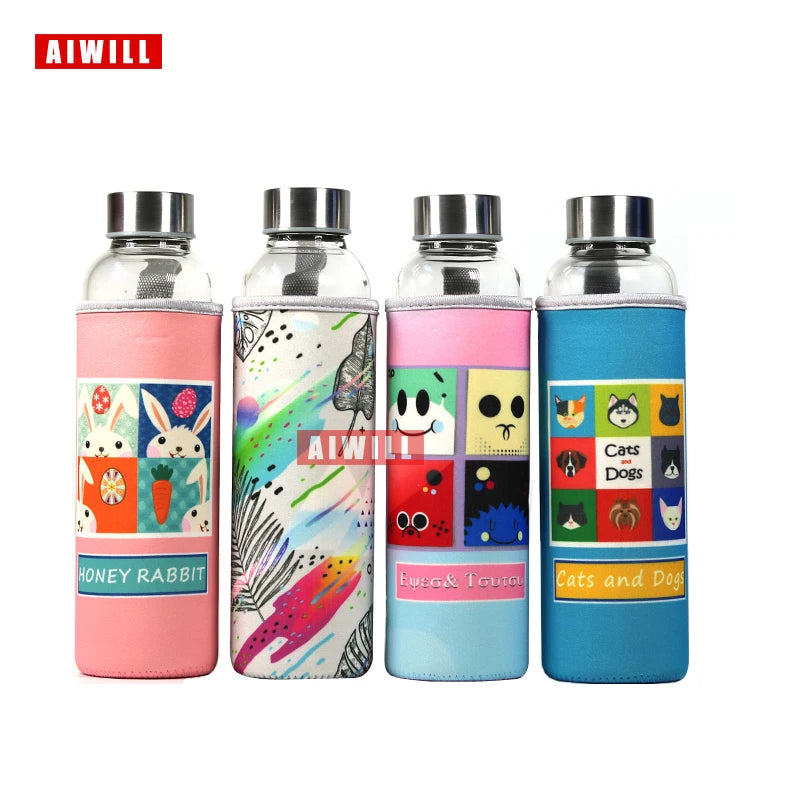 AIWILL Hot Selling Glass Sport Water Bottle With Protective Bag 280ml / 360ml / 550ml Fruit Outdoor Bike Bottles High Quality