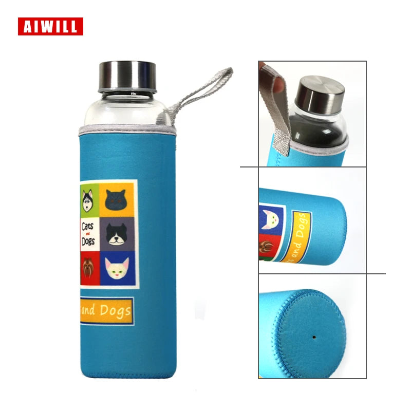 AIWILL Hot Selling Glass Sport Water Bottle With Protective Bag 280ml / 360ml / 550ml Fruit Outdoor Bike Bottles High Quality
