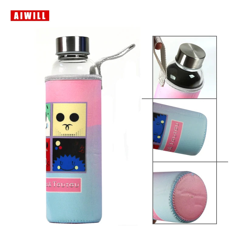 AIWILL Hot Selling Glass Sport Water Bottle With Protective Bag 280ml / 360ml / 550ml Fruit Outdoor Bike Bottles High Quality