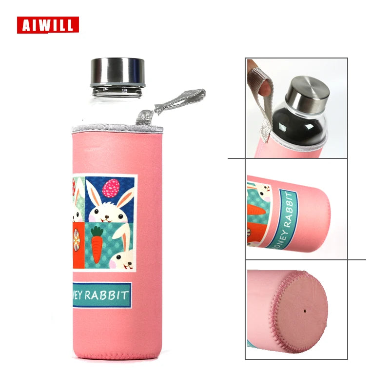 AIWILL Hot Selling Glass Sport Water Bottle With Protective Bag 280ml / 360ml / 550ml Fruit Outdoor Bike Bottles High Quality