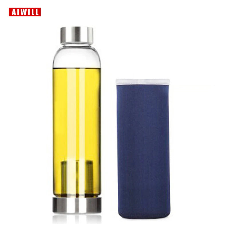 AIWILL Hot Selling Glass Sport Water Bottle With Protective Bag 280ml / 360ml / 550ml Fruit Outdoor Bike Bottles High Quality