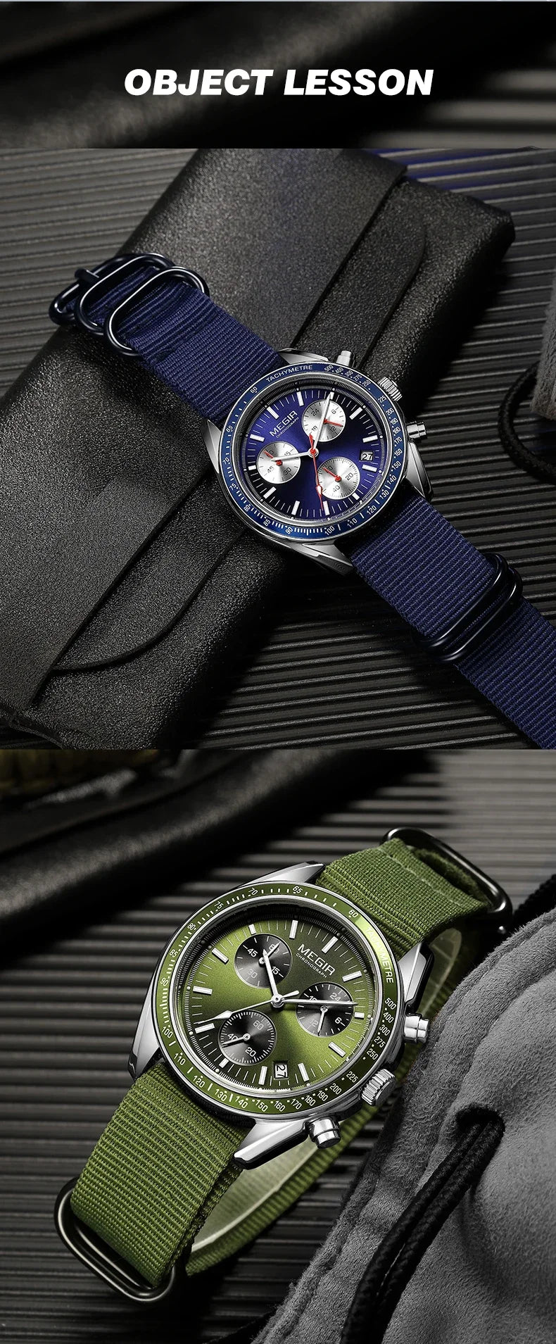 MEGIR New Luxury Men's Watches Canvas Weaving Strap Sport Automatic Chronograph Quartz Waterproof Wristwatch for Male 2247
