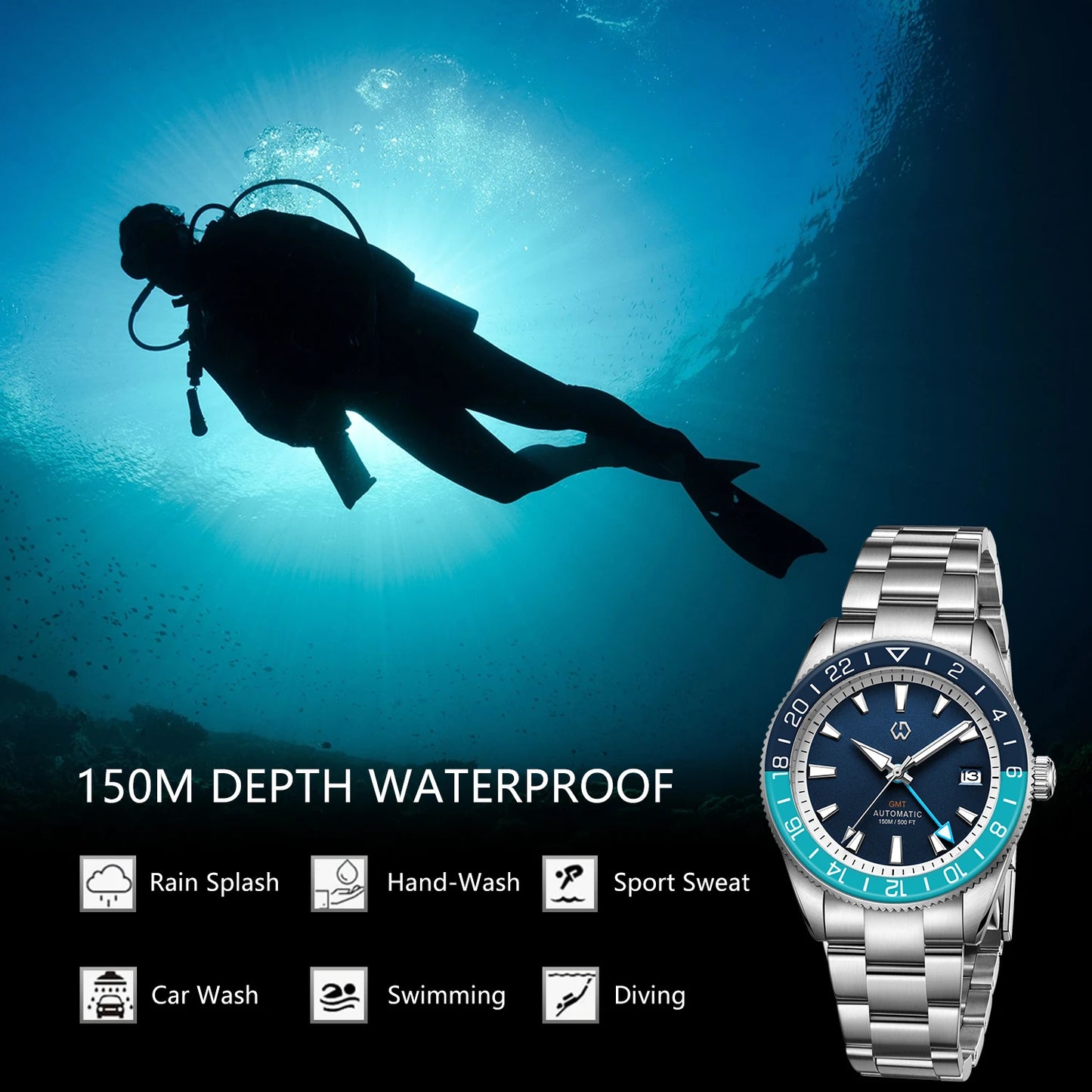 WISHDOIT New NH34 Men's Sports Automatic Mechanical GMT Sapphire Stainless Steel Waterproof 15 ATM With Rubber Strap