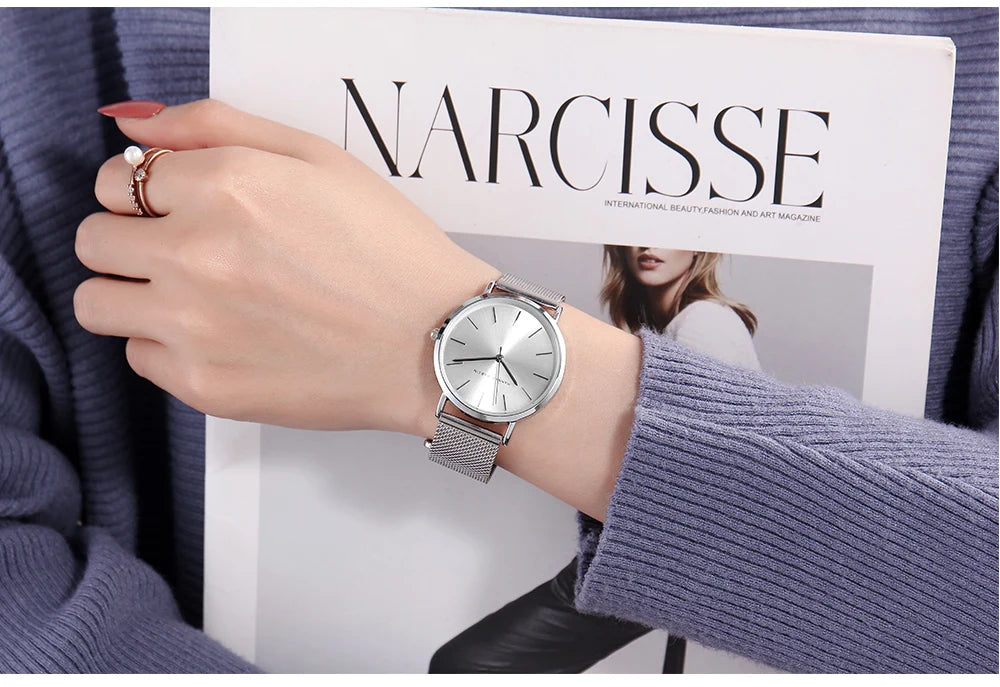 36mm Full Gold New Style Japan Quartz Movement Brand Stainless Steel Mesh Band Simple Design Women's Waterproof Lady Watches