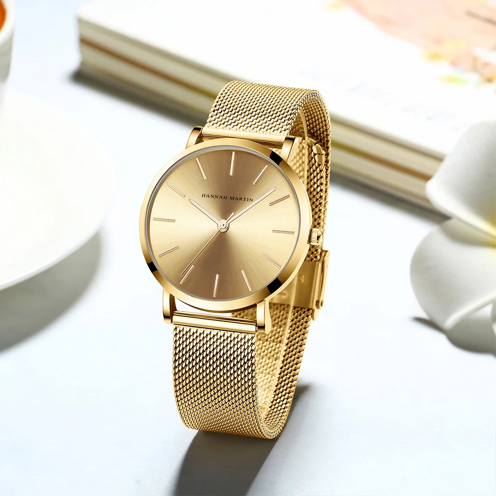36mm Full Gold New Style Japan Quartz Movement Brand Stainless Steel Mesh Band Simple Design Women's Waterproof Lady Watches