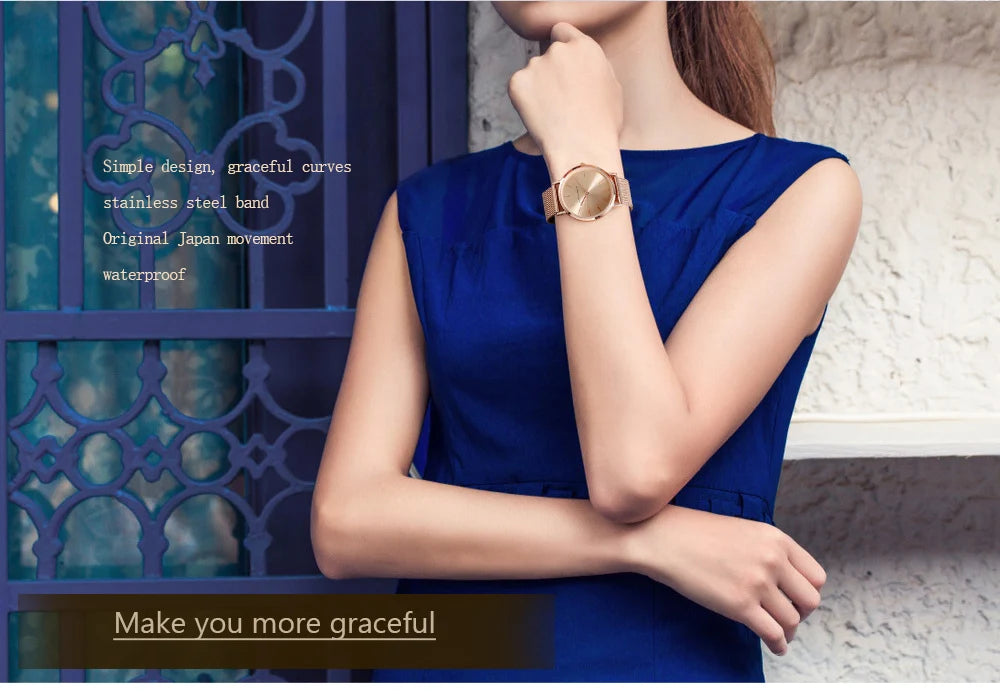 36mm Full Gold New Style Japan Quartz Movement Brand Stainless Steel Mesh Band Simple Design Women's Waterproof Lady Watches