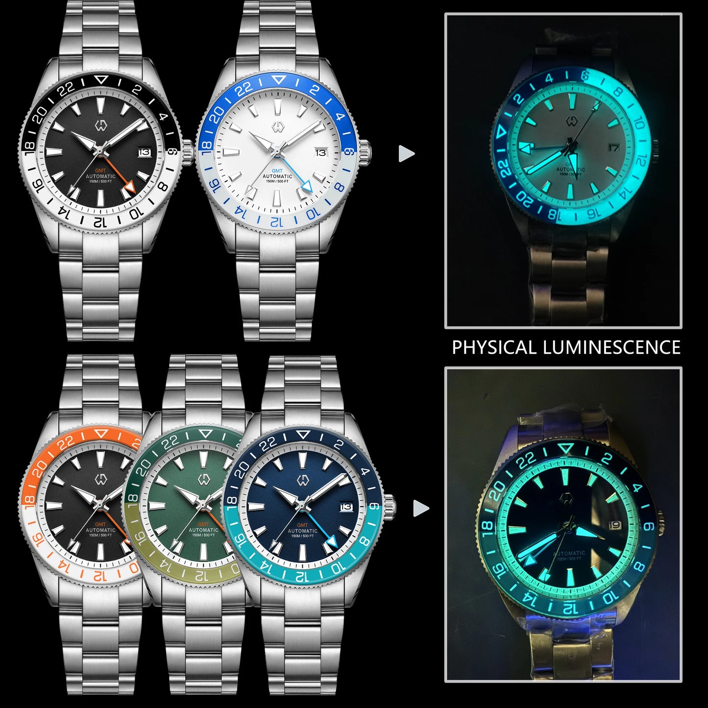 WISHDOIT New NH34 Men's Sports Automatic Mechanical GMT Sapphire Stainless Steel Waterproof 15 ATM With Rubber Strap