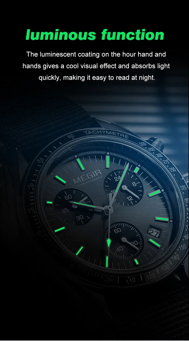 MEGIR New Luxury Men's Watches Canvas Weaving Strap Sport Automatic Chronograph Quartz Waterproof Wristwatch for Male 2247